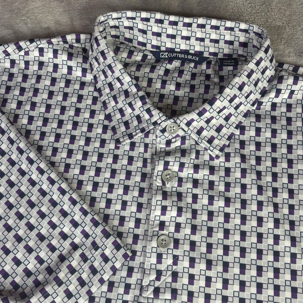 Cutter & Buck Polo Shirt Mens L White Geometric Stretch Golf Short Sleeve